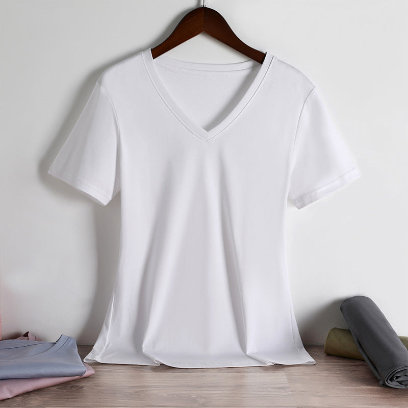 Camiseta de Algodón Puro para Mujer de Corte Suelto con Cuello Redondo y Cuello en V