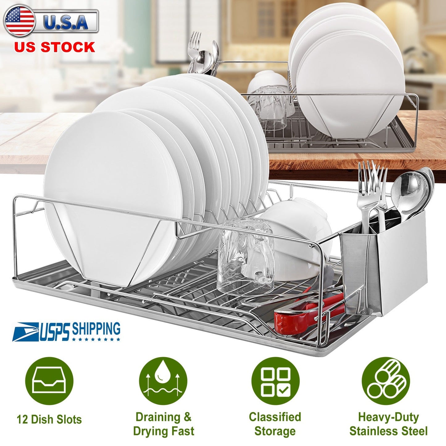 Escurridor de Platos de Acero Inoxidable Premium con Soporte para Cubiertos