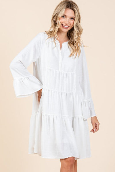 Chic Tiered Flare Sleeve Dress – Stylish Elegance with Notched Neckline - Korvel