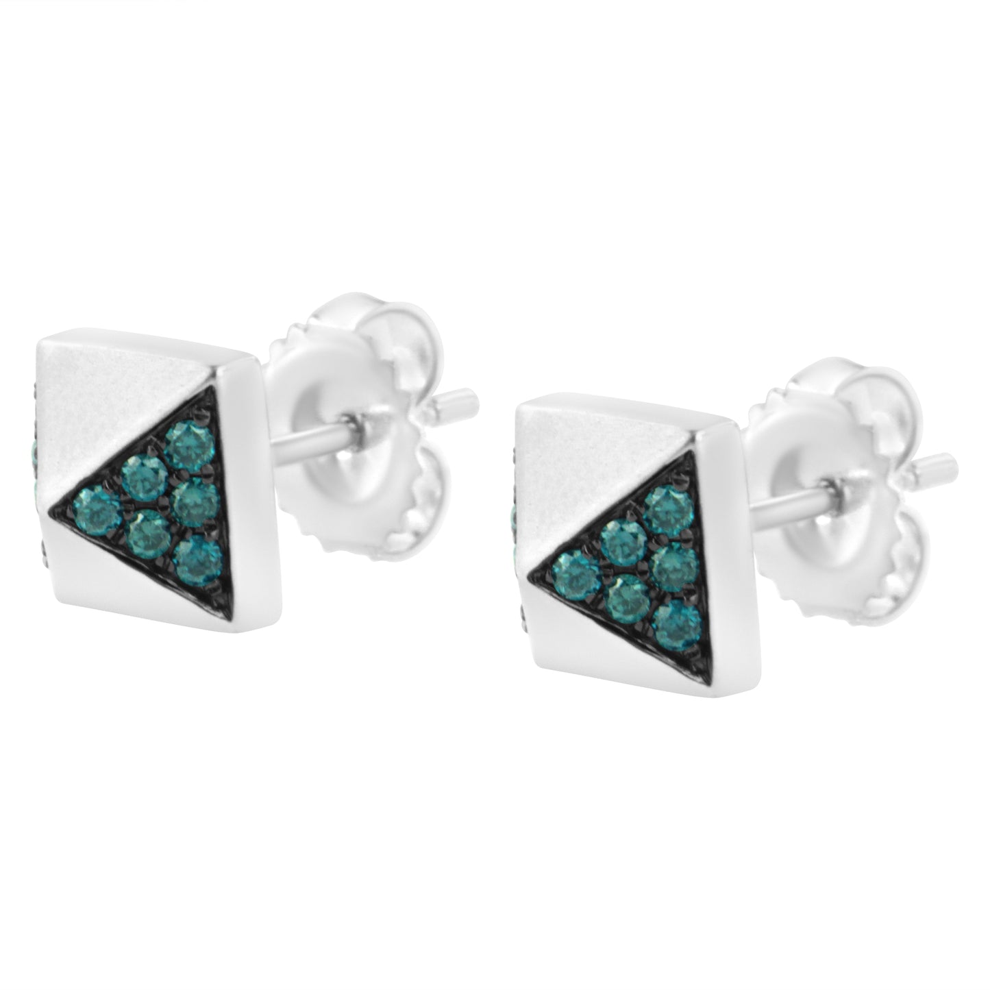 14K White Gold Blue Diamond Pyramid Stud Earrings
