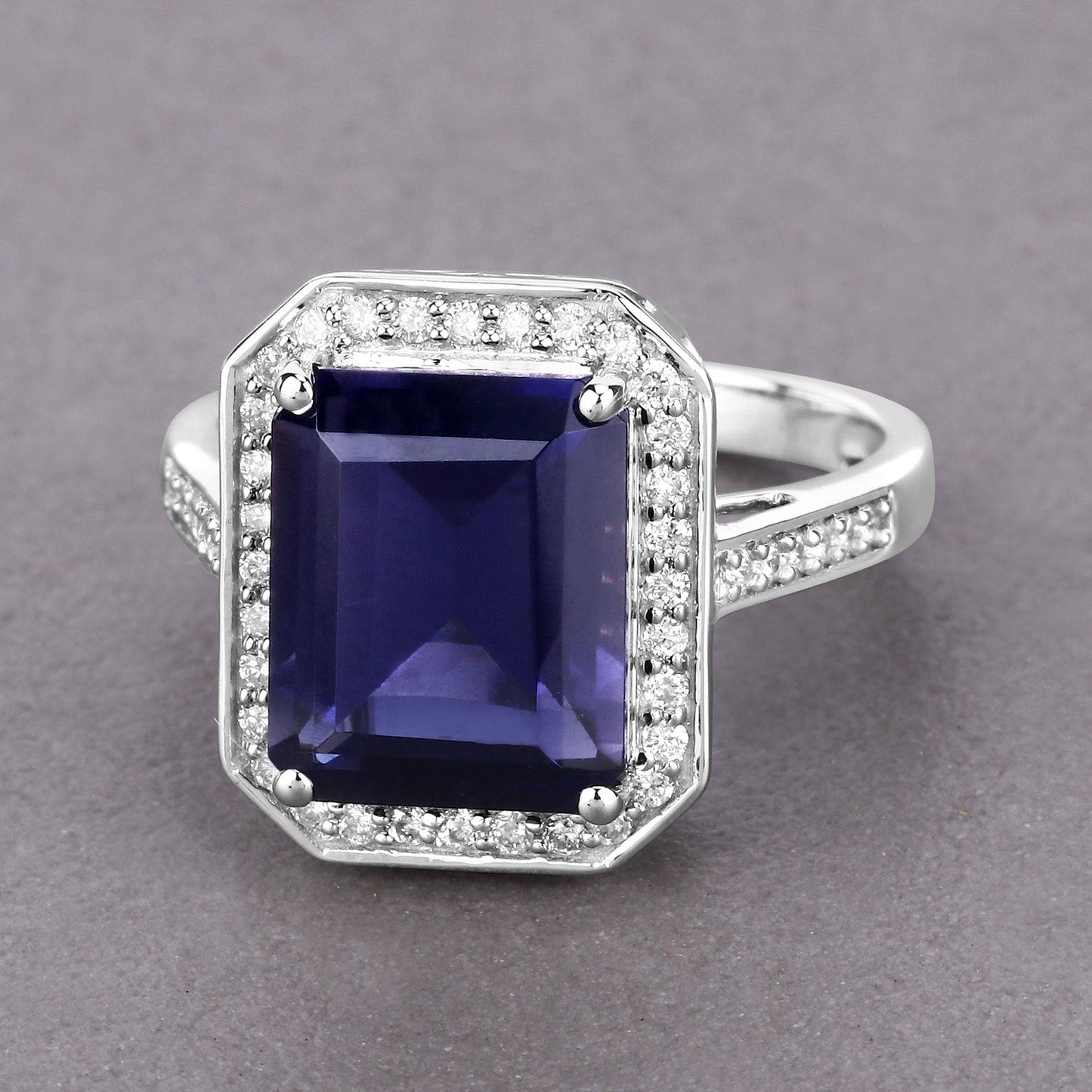 Bague de fiançailles en or blanc 14K avec iolite et diamant de 3,70 carats