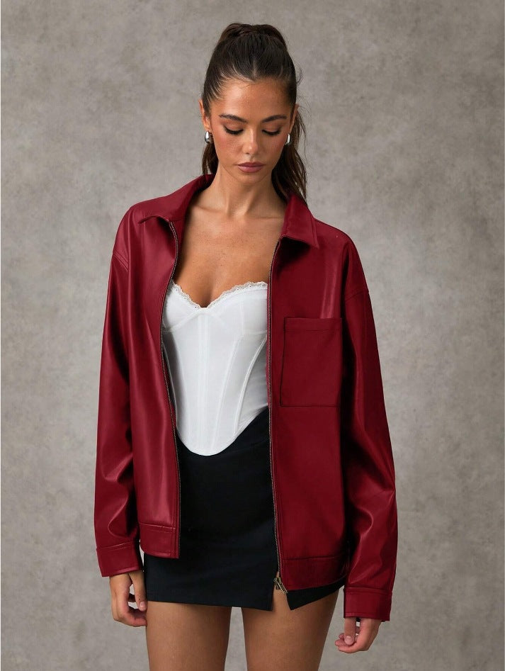 Chaqueta Bomber de Cuero Sofisticada con Cuello de Solapa