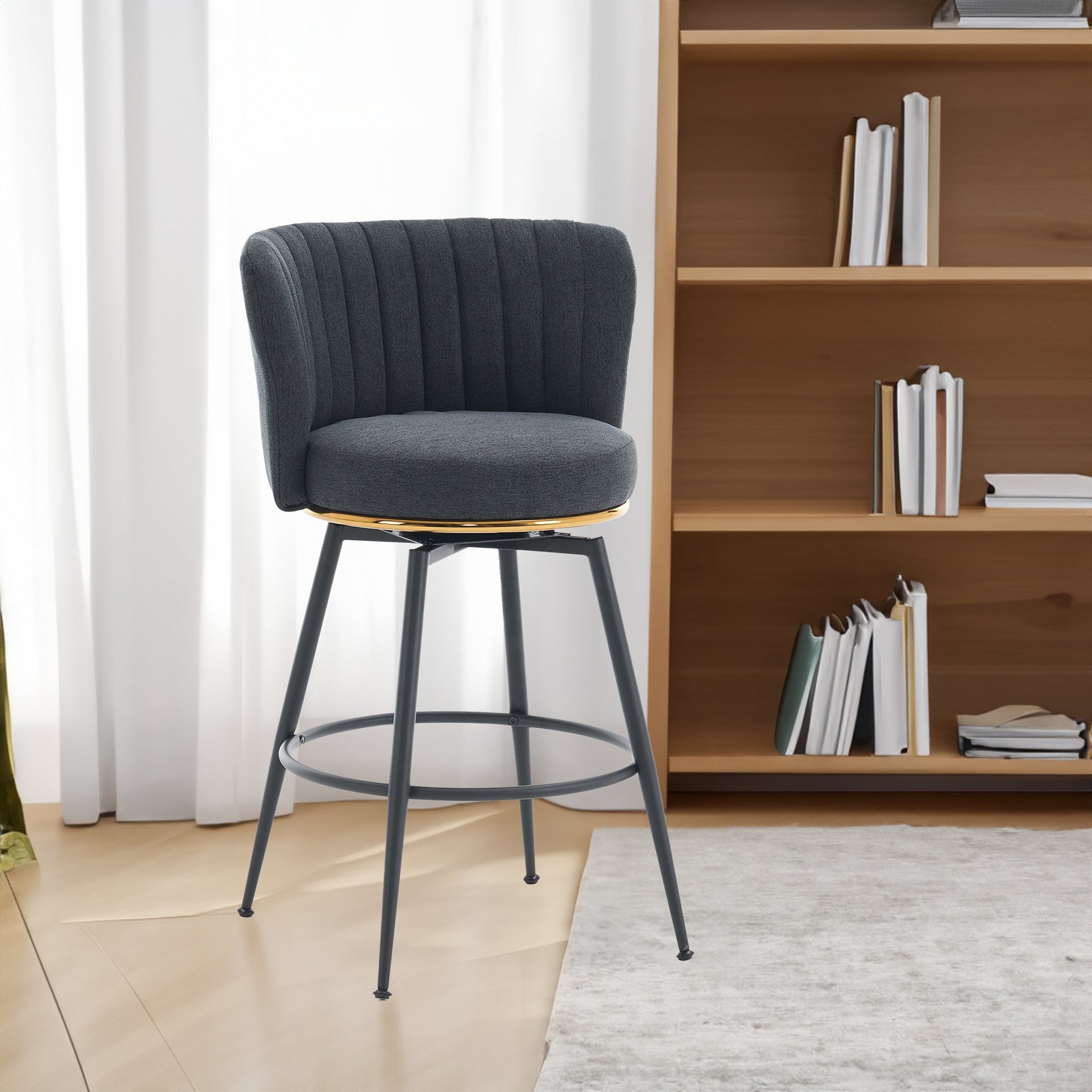 A set of 2 gray rotating bar stools - high backrest, adjustable, with elegant metal backrest decoration - Korvel