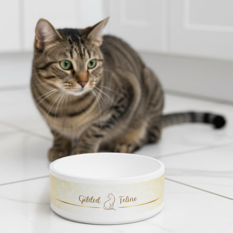 Gilded Feline Ceramic Cat Bowl | 16 oz Modern Design