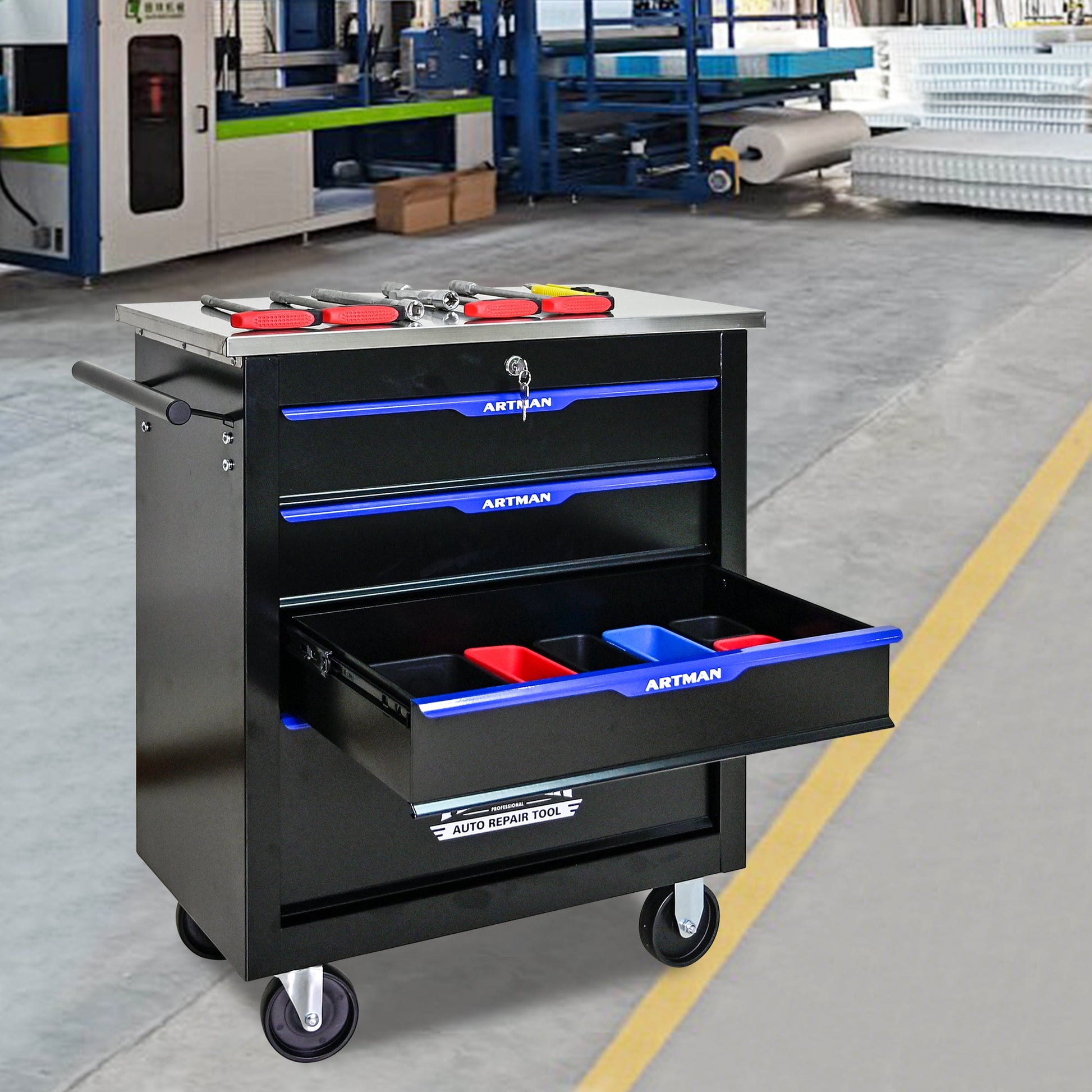 4 DRAWERS MULTIFUNCTIONAL TOOL CART WITH WHEELS-BLACK - Korvel