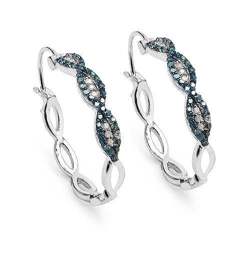 Elegant Blue & White Diamond .925 Sterling Silver Hoop Earrings