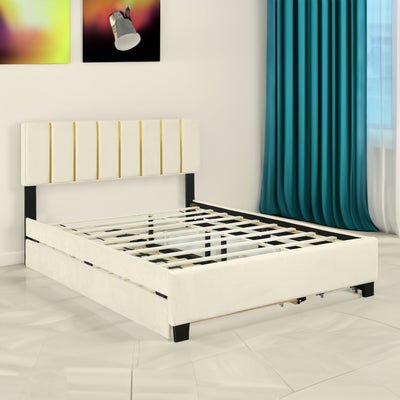 Elegant Queen Size Upholstered Platform Bed with Storage and Trundle