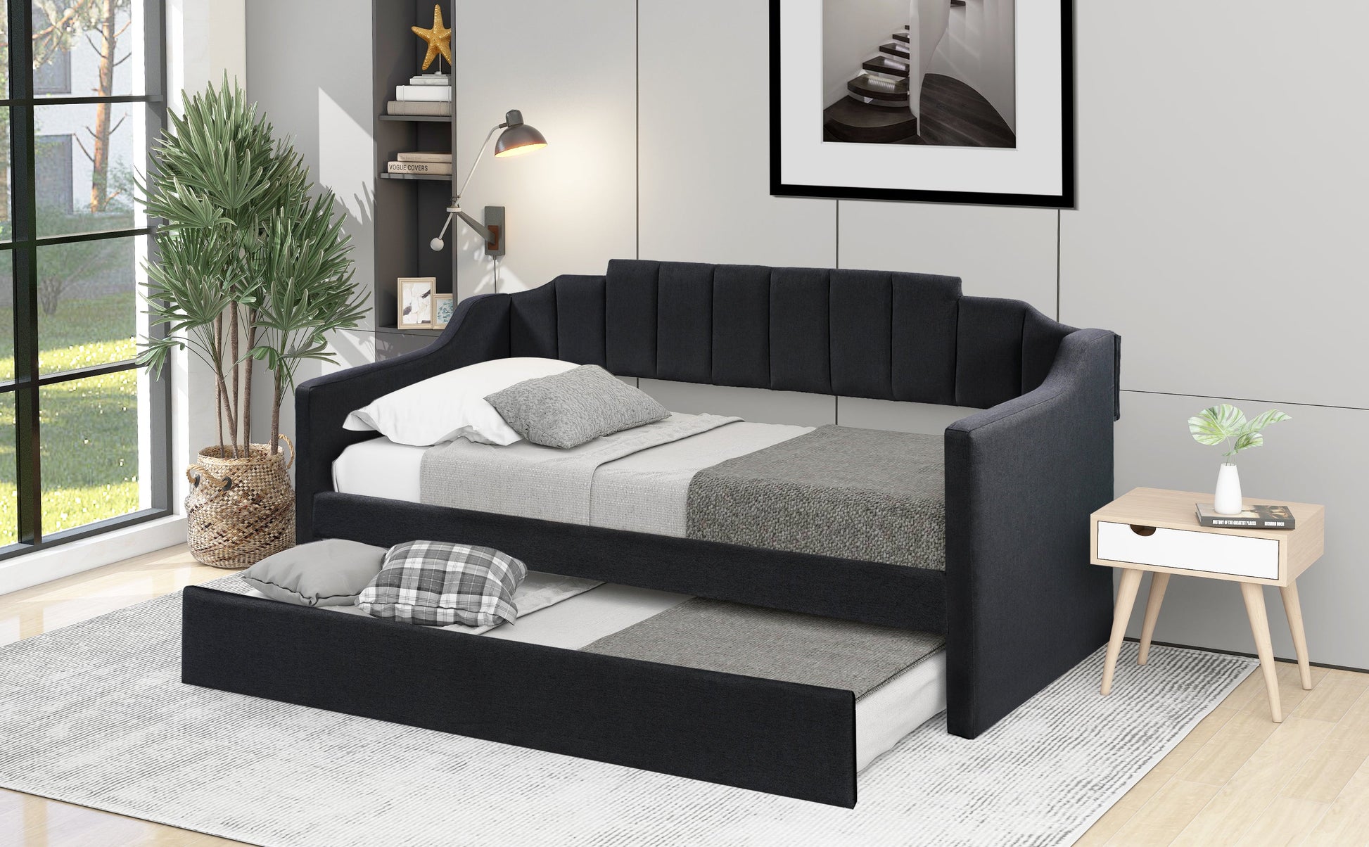 Upholstered Twin Daybed with Trundle Black - Korvel