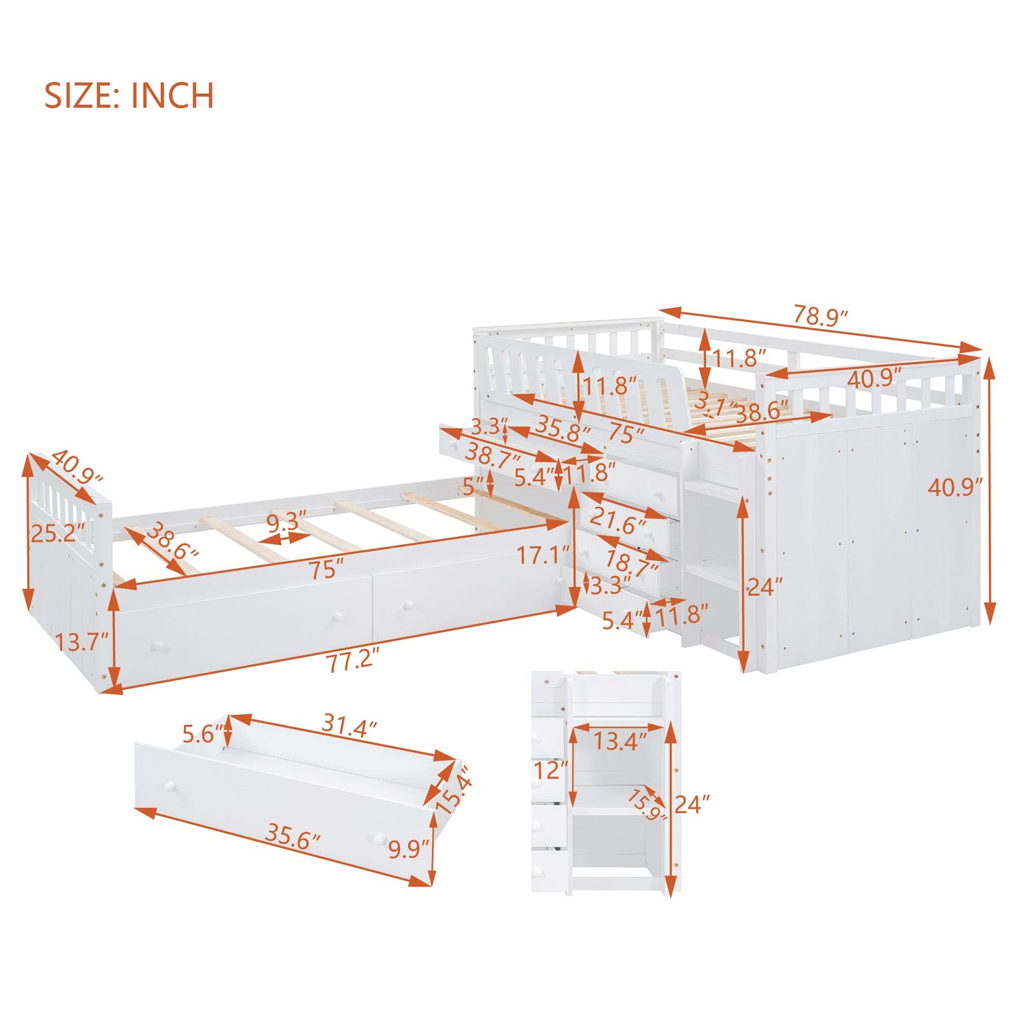 Cama loft twin en forma de L que ahorra espacio con 7 cajones - Blanca