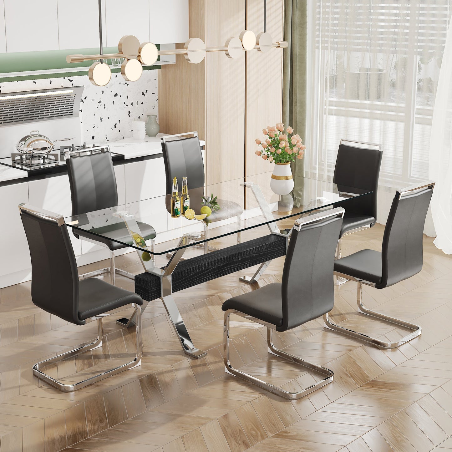 Dining table Modern tempered glass dining table Large modern office desk with silver plated metal legs and MDF crossbars - Korvel