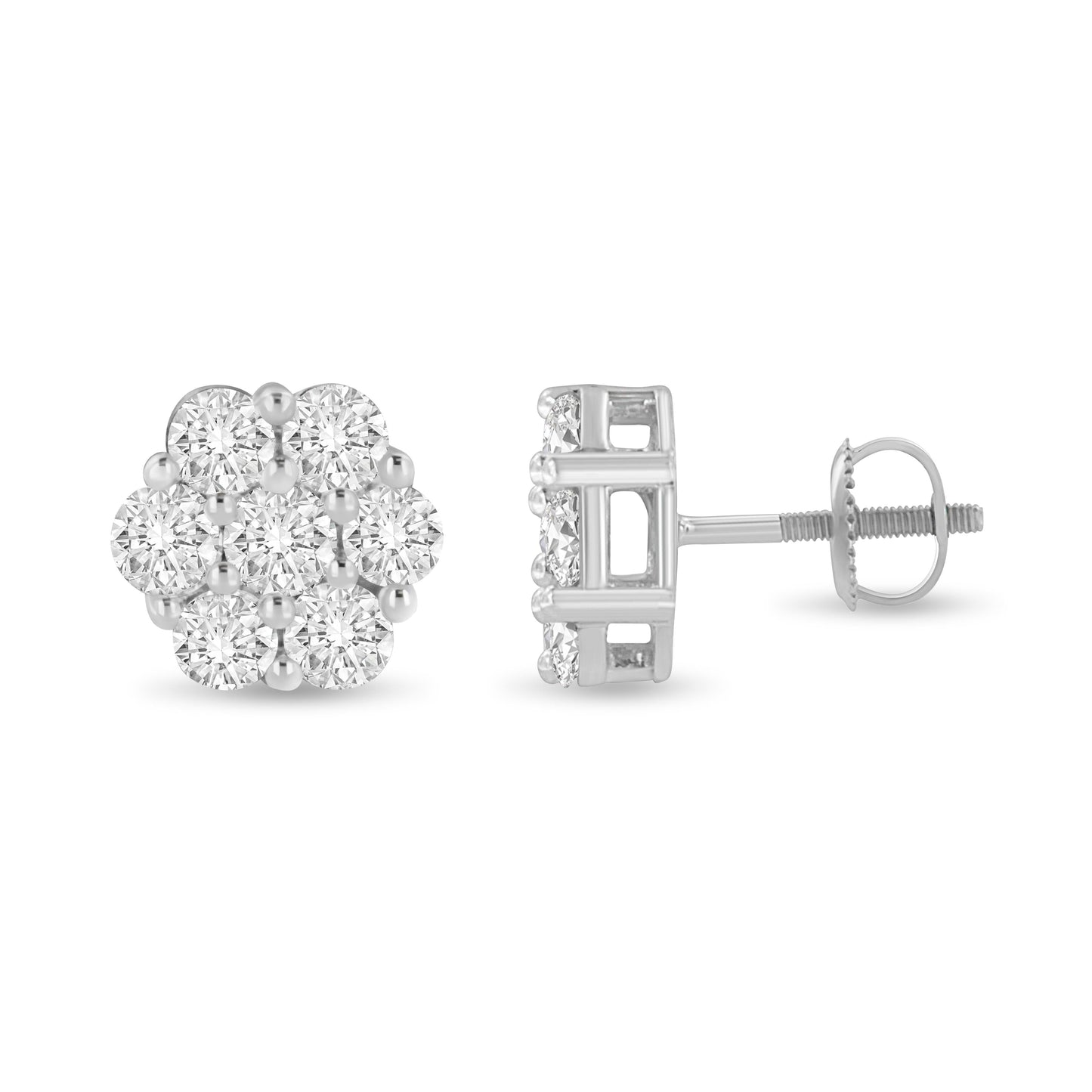 Boucles d'oreilles en diamant en cluster floral en or blanc 14K