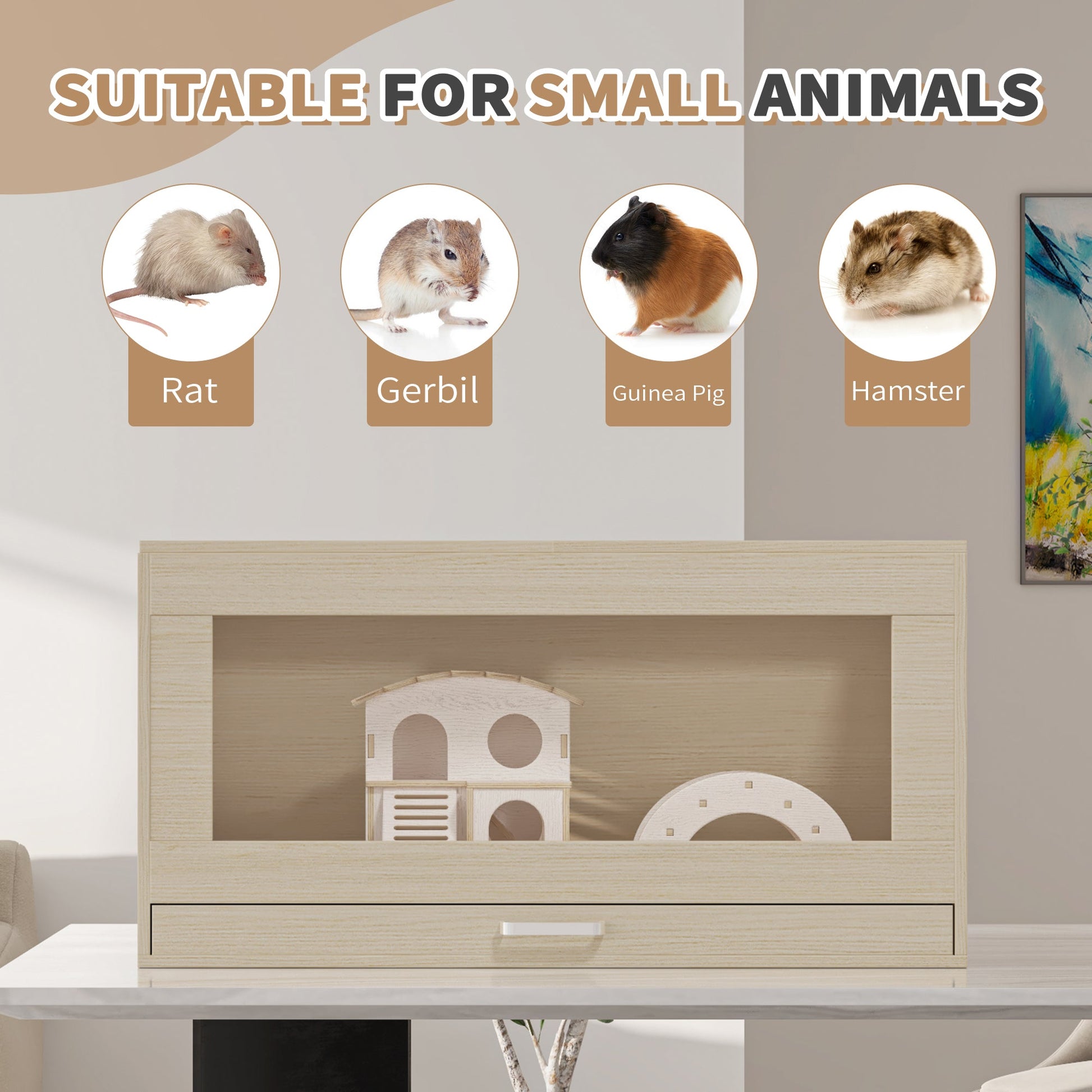 Squirrel cage acrylic panel with independent storage cabinet and wooden guinea pig room with bridge (L 31.50 x W 15.75 x H32.28) - Korvel