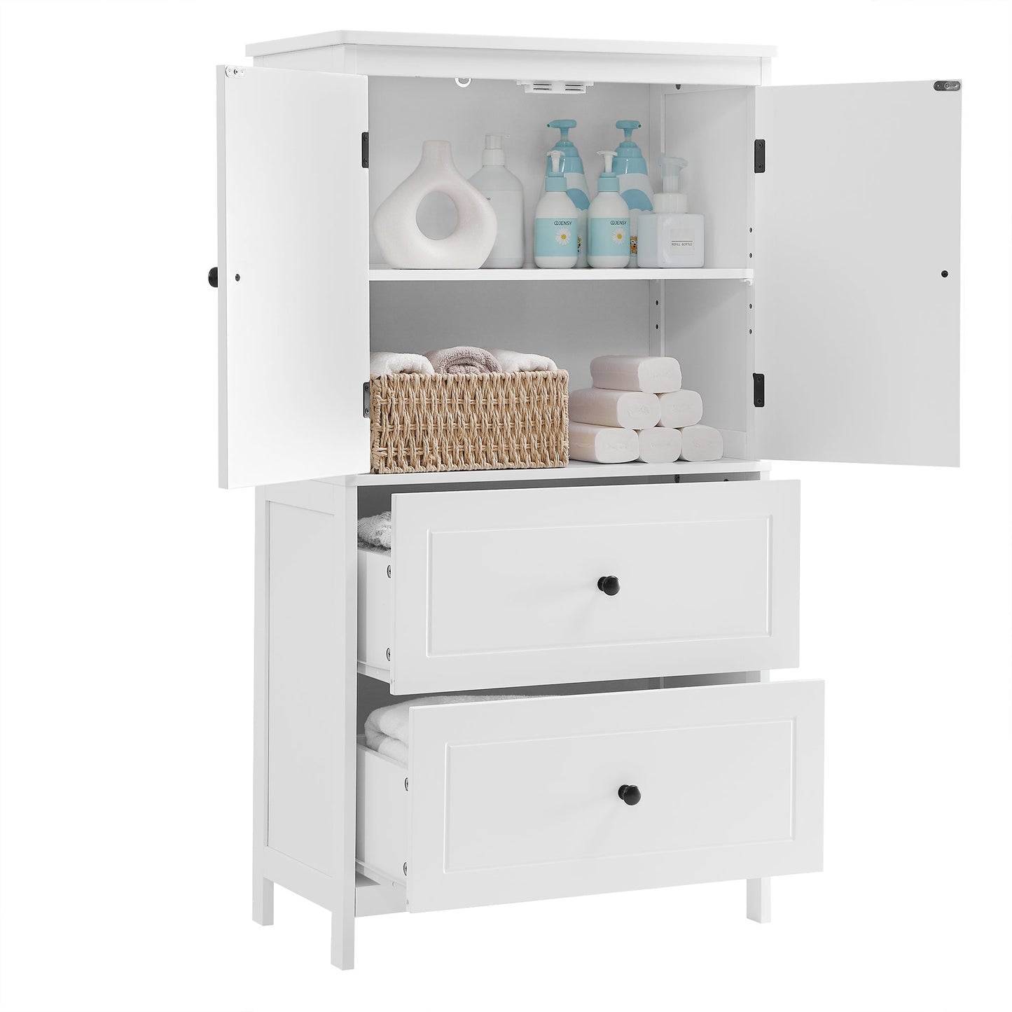 Bathroom Storage Cabinet, Cabinet with Two Doors and Drawers, Adjustable Shelf, MDF Board, White - Korvel