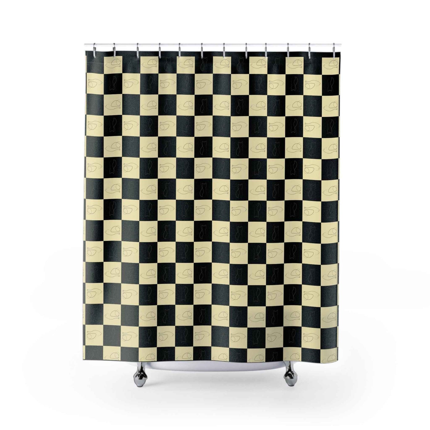 Checked Feline Shower Curtain - Elegant Gold & Black Design