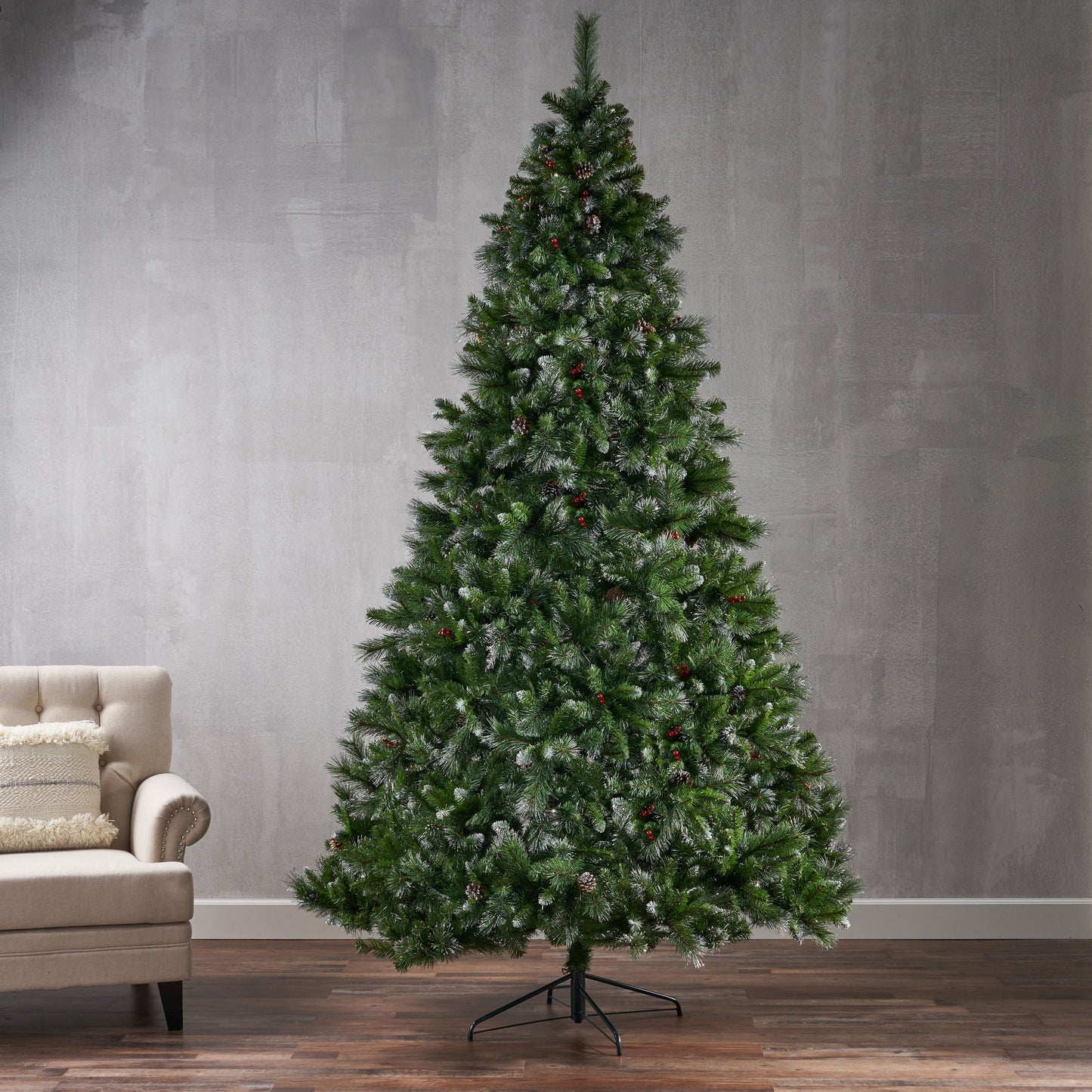 9' Glitter Bristle Mixed Hinged Tree with 72 Red Berry and 73 Pine Cones and 2099 tips,Dia:66 - Korvel