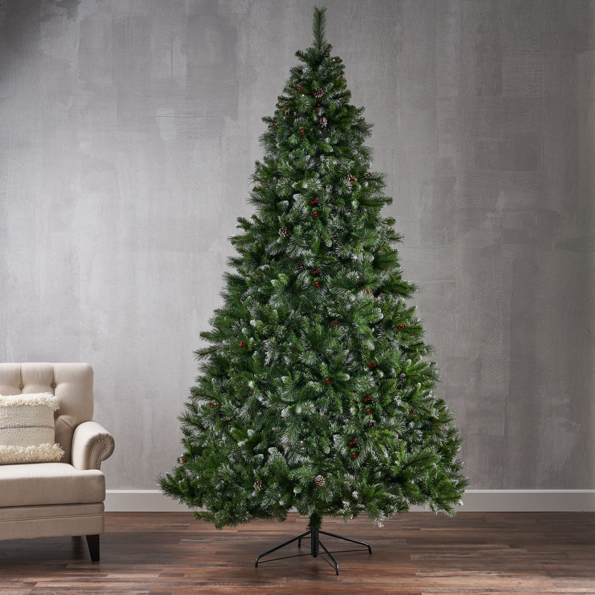 9' Glitter Bristle Mixed Hinged Tree with 72 Red Berry and 73 Pine Cones and 2099 tips,Dia:66 - Korvel
