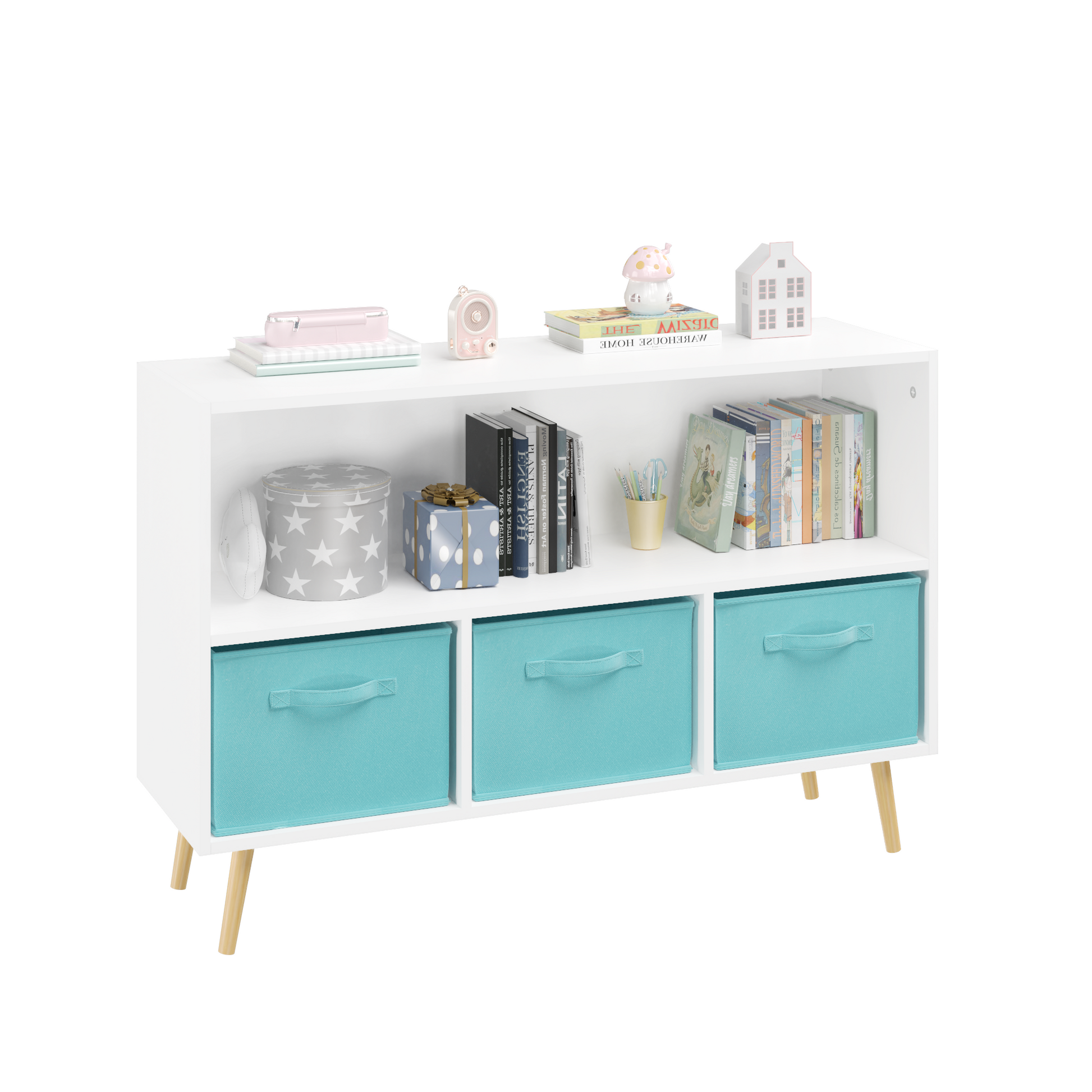 Kids bookcase with Collapsible Fabric Drawers Children's Book Display Toy Storage Cabinet Organizer White/Blue - Korvel