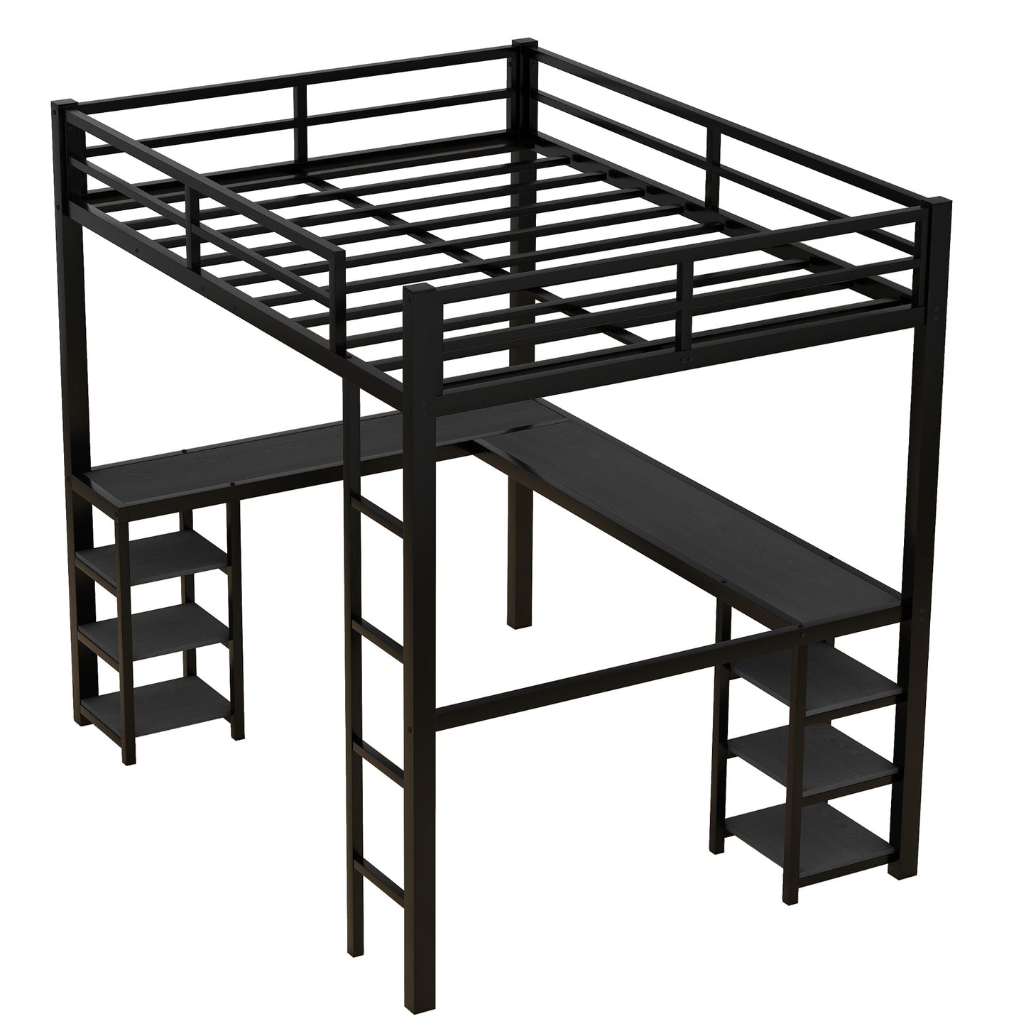 Cama loft de metal negro premium con escritorio y estantes