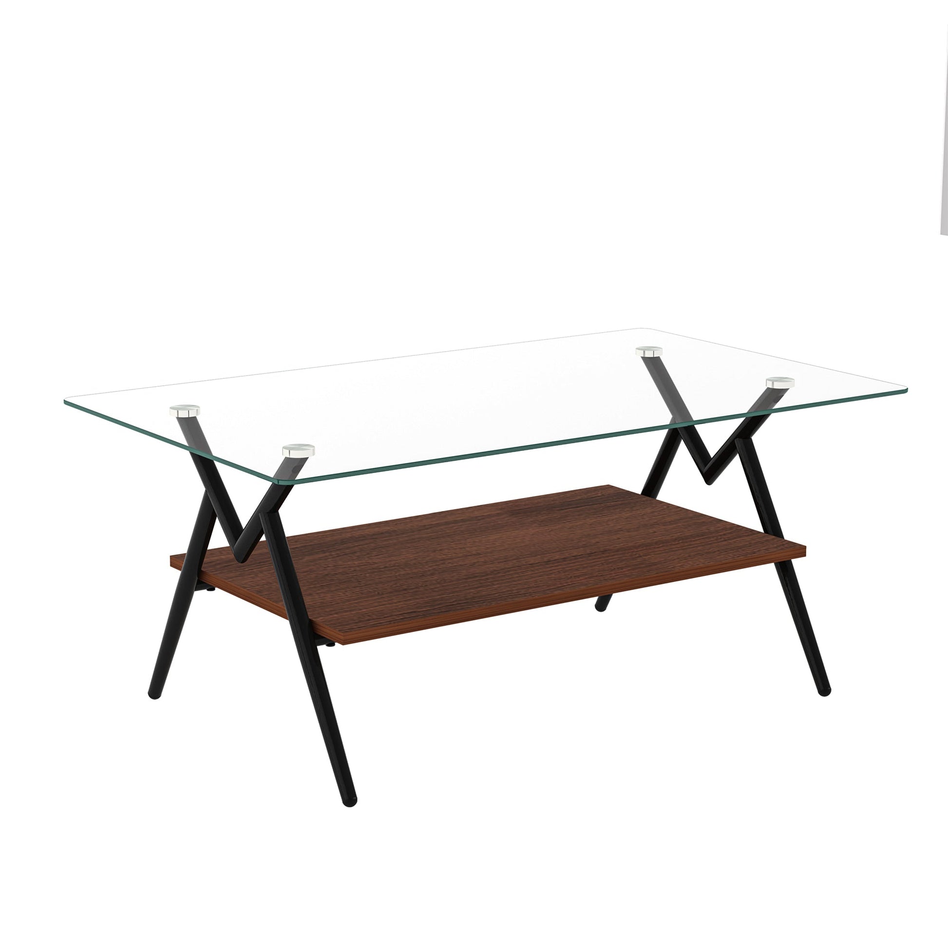 Rectangle Coffee Table with Tempered Glass top and Black Metal Legs, Modern Table for Living Room , Transparent Glass - Korvel