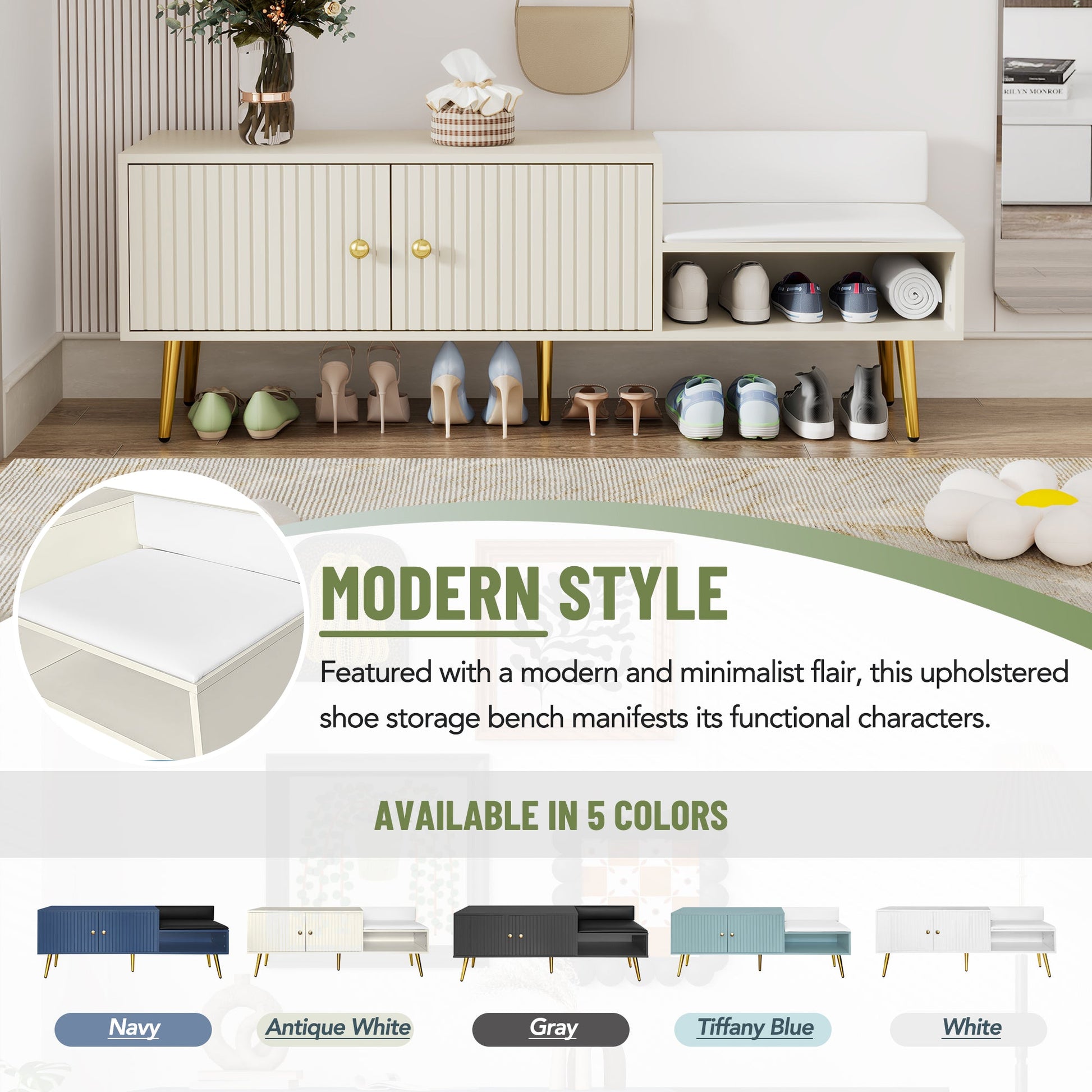 Modern Shoe Storage Bench with Hidden Storage and Upholstered Cushions for Bedside, Living Room and Entryway ((Antique White) - Korvel