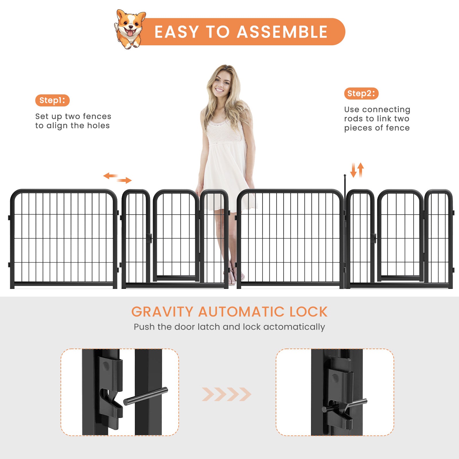 8-panel dog fence, 24 inch small dog pet fence, portable indoor pet game fence. Black, 22.2 inches wide x 23.6 inches high. - Korvel