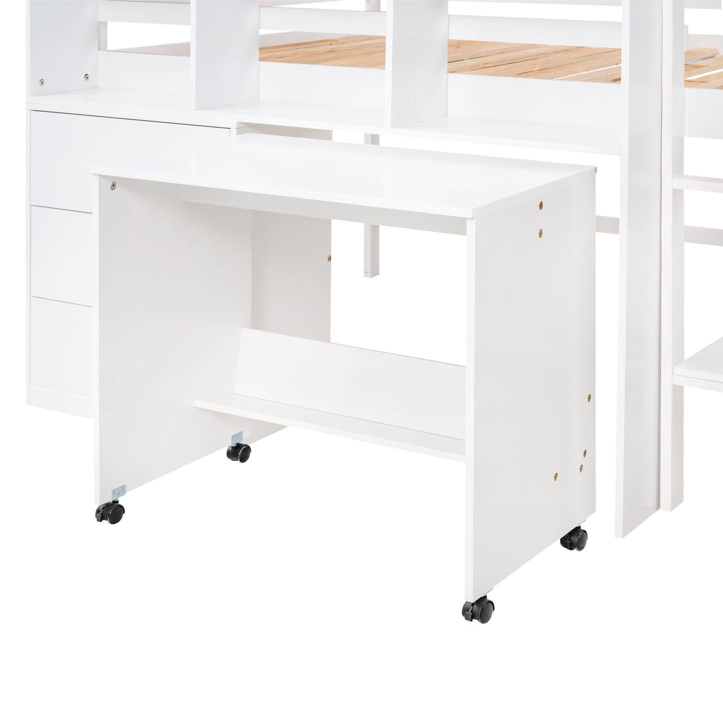 Full Size Low Loft Bed with Rolling Portable Desk, Drawers and Shelves, White - Korvel