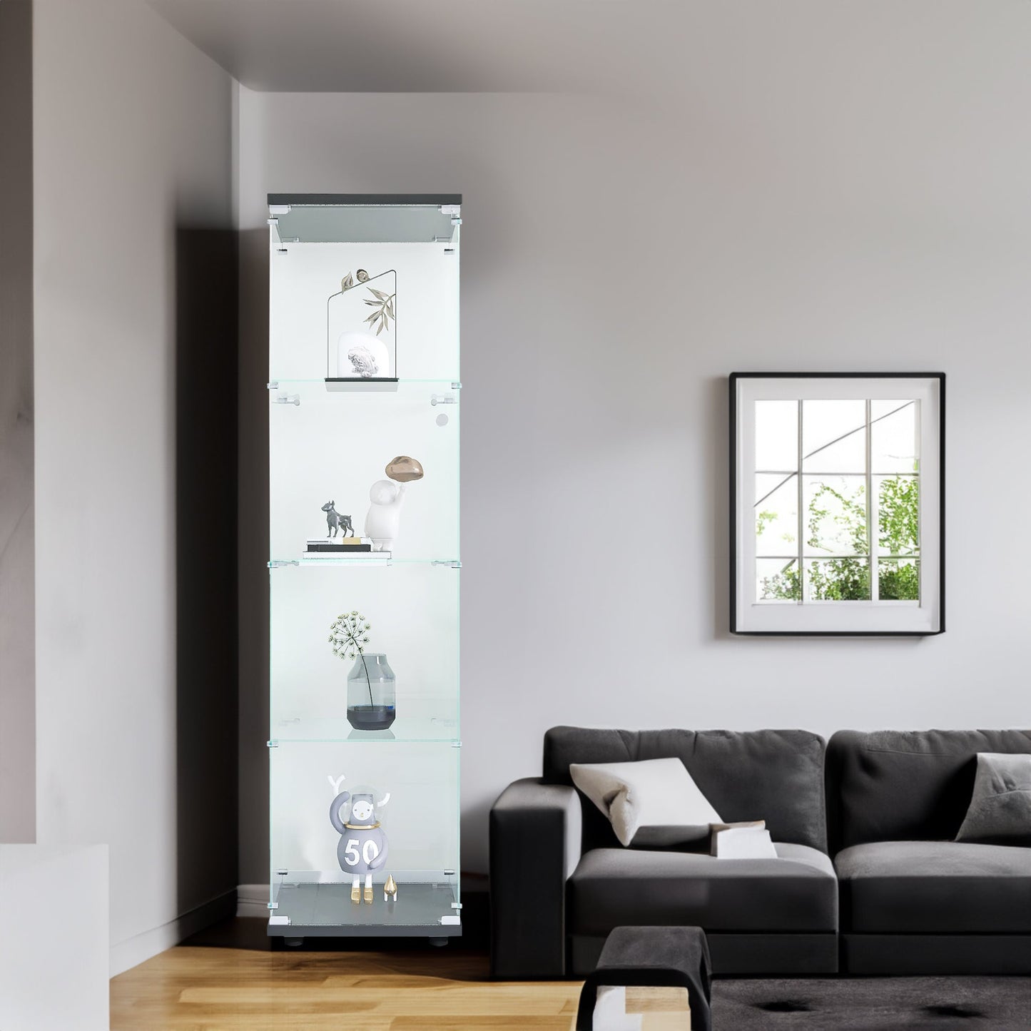 4 glass display cabinets with door shelves, floor standing antique bookshelf, 64.7 "* 16.7" * 14.3 ", black - Korvel