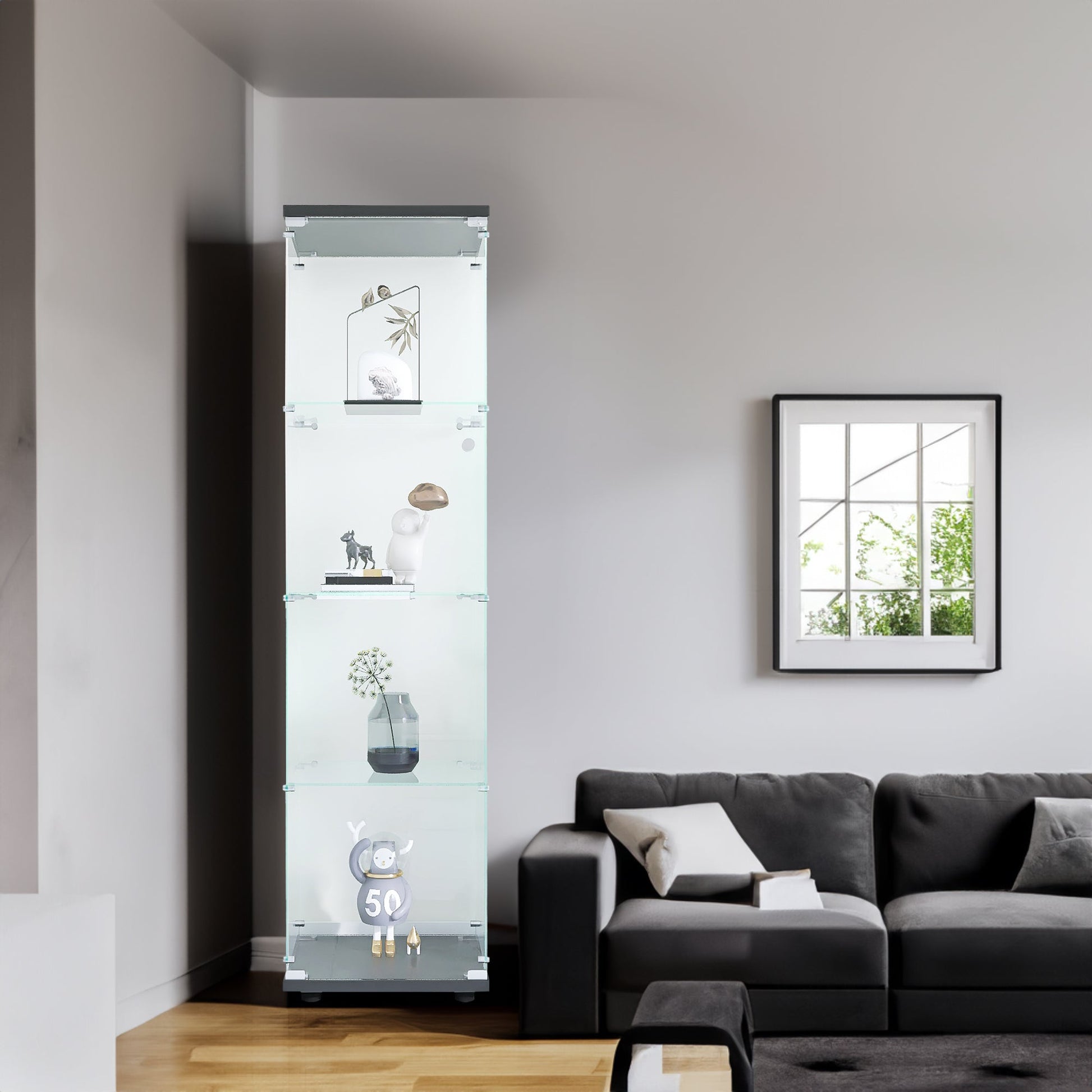 4 glass display cabinets with door shelves, floor standing antique bookshelf, 64.7 "* 16.7" * 14.3 ", black - Korvel