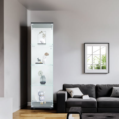 4 glass display cabinets with door shelves, floor standing antique bookshelf, 64.7 "* 16.7" * 14.3 ", black - Korvel