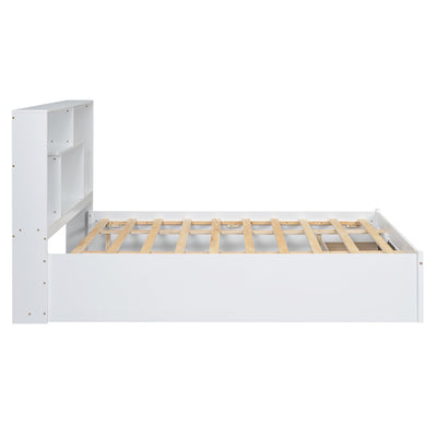Elegant Queen Size Platform Bed with Storage Headboard, White