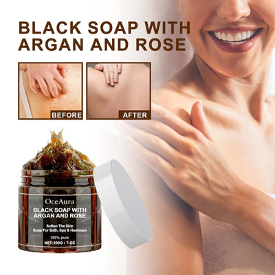 Black Soap With Argan And Rose, Deep Cleansing Moisturizing Skin Deodorizing Long-Lasting Cleansing Soap - Korvel