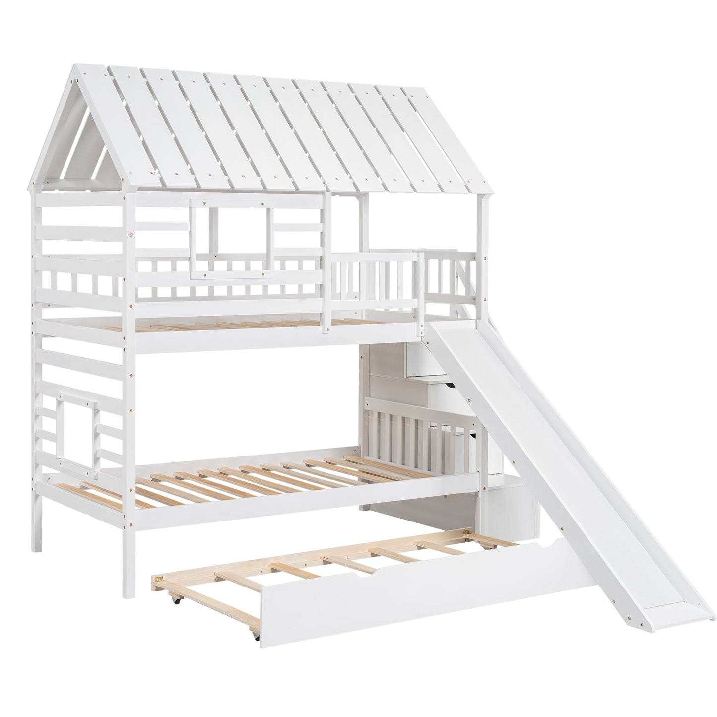 Twin over Twin House Bunk Bed with Trundle and Slide Storage Staircase Roof and Window Design  White - Korvel