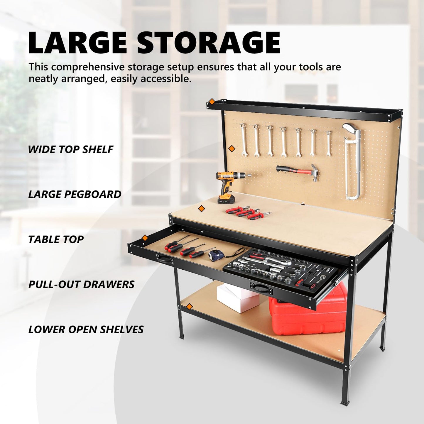 63" Tools Cabinet Working Tables Workbench Tool Storage Workshop Table with Drawers and Pegboard - Korvel