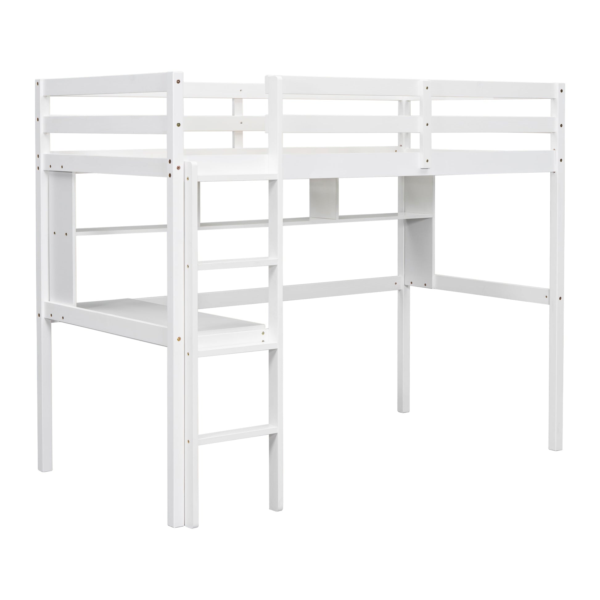 Twin Loft Bed with built-in desk and bookcase of three compartments, Guardrails and Ladder,White - Korvel