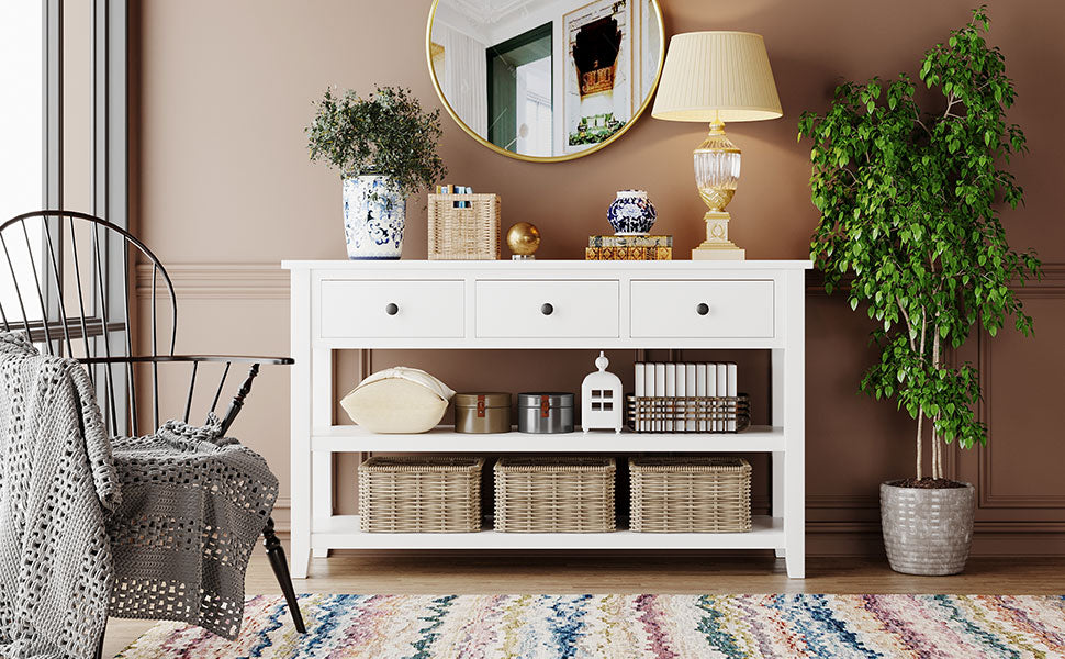 Retro Design Console Table with Two Open Shelves, Pine Solid Wood Frame and Legs for Living Room (Antique White) - Korvel