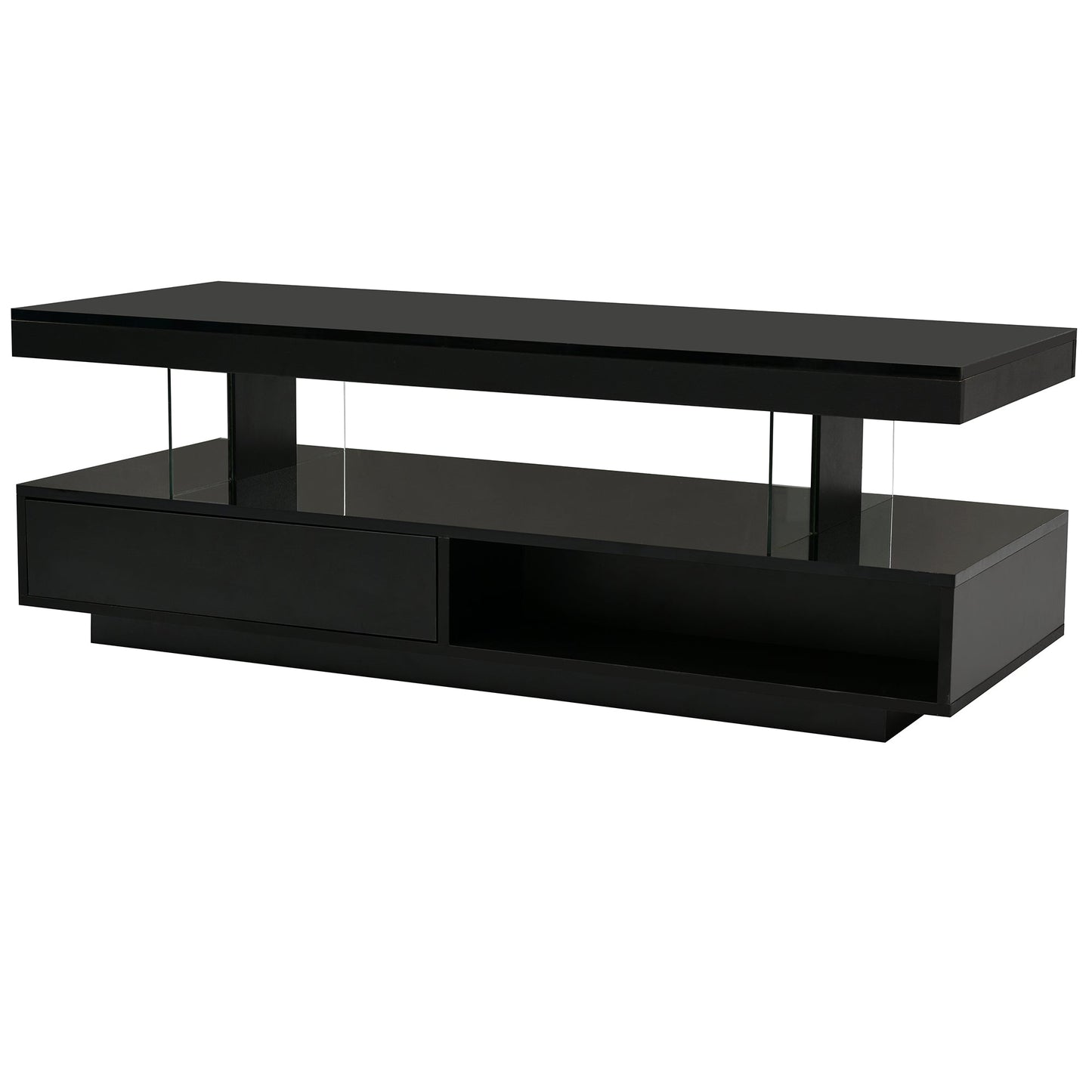U-Can LED coffee table with storage space, modern central table with 2 drawers and display rack, equipped with LED lights, black - Korvel