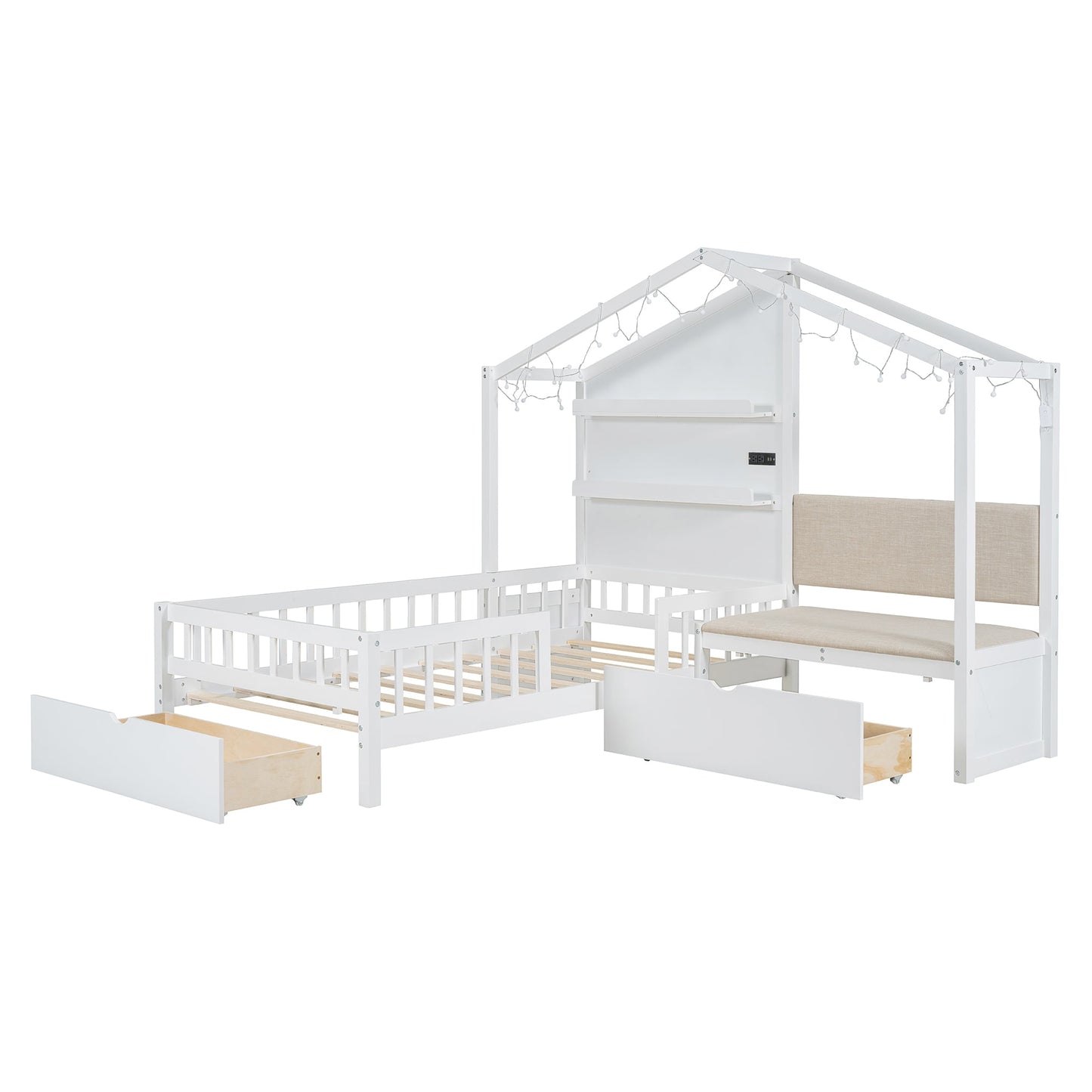 Twin Size House Bed with Upholstered Sofa and Charging Station