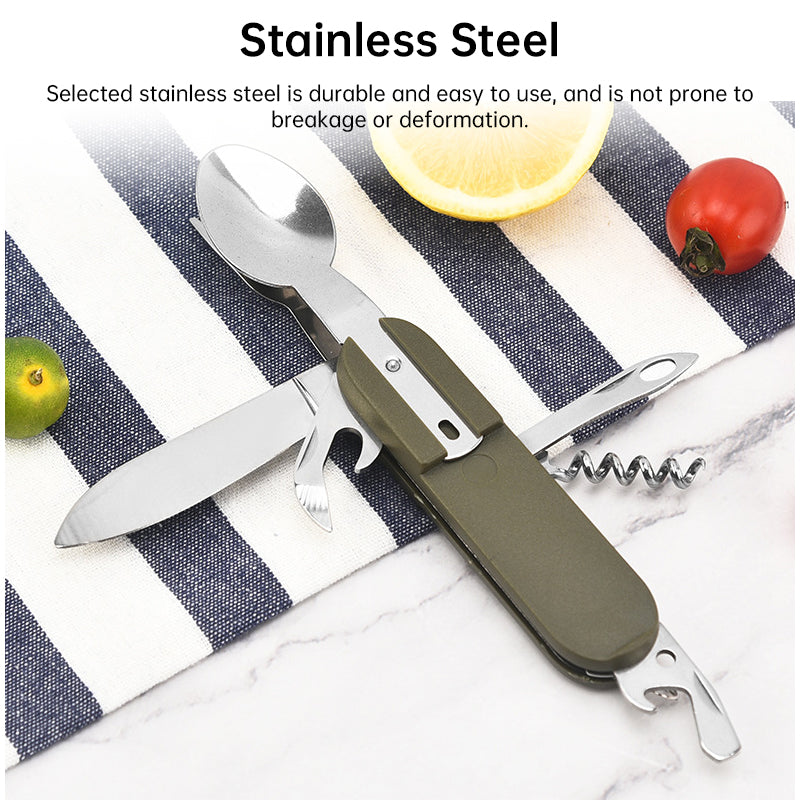 7-in-1 multifunctional stainless steel foldable outdoor camp tableware: fork, spoon, knife. Survival tools for picnic, camping. - Korvel