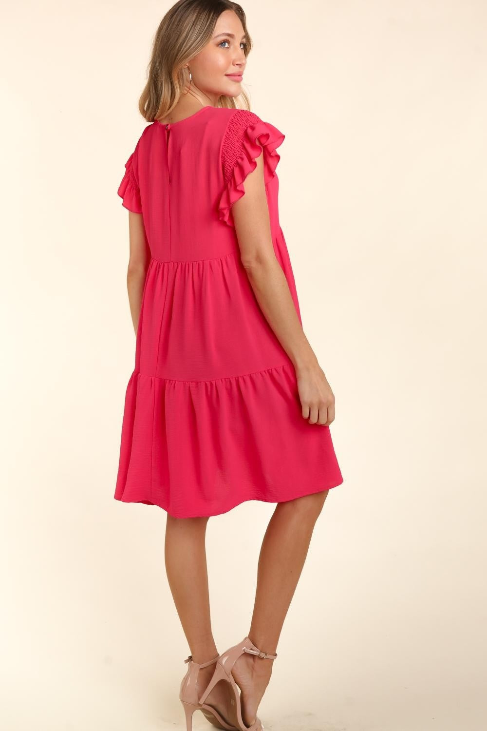 Elegant Full Size Smocking Ruffle Short Sleeve Dress with Pockets
