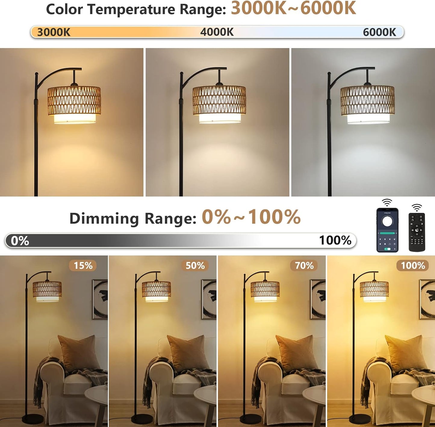 Arc Floor Lamp with Remote Control and Dimmable Bulb