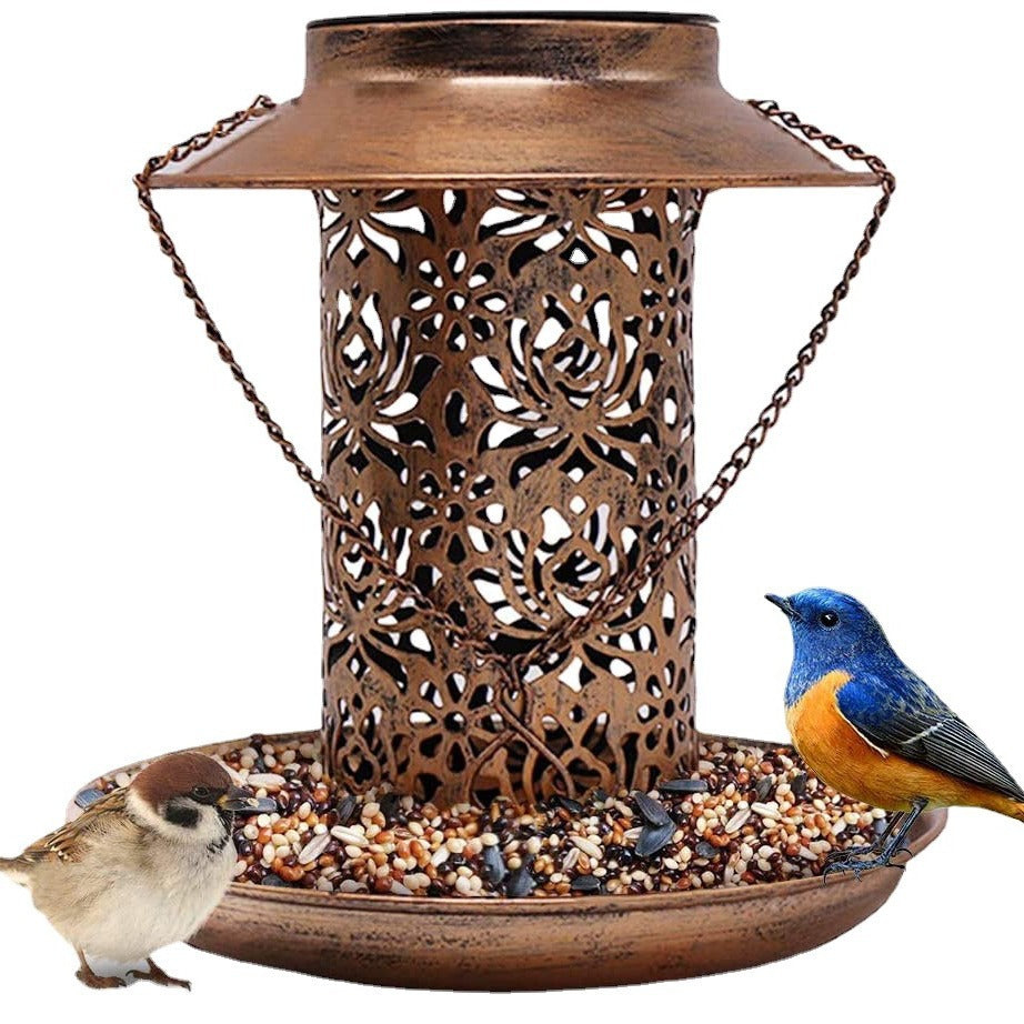 Outdoor solar powered lamp metal hanging bird feeder feeding and watering dual-purpose bird feeder decorative lamp - Korvel