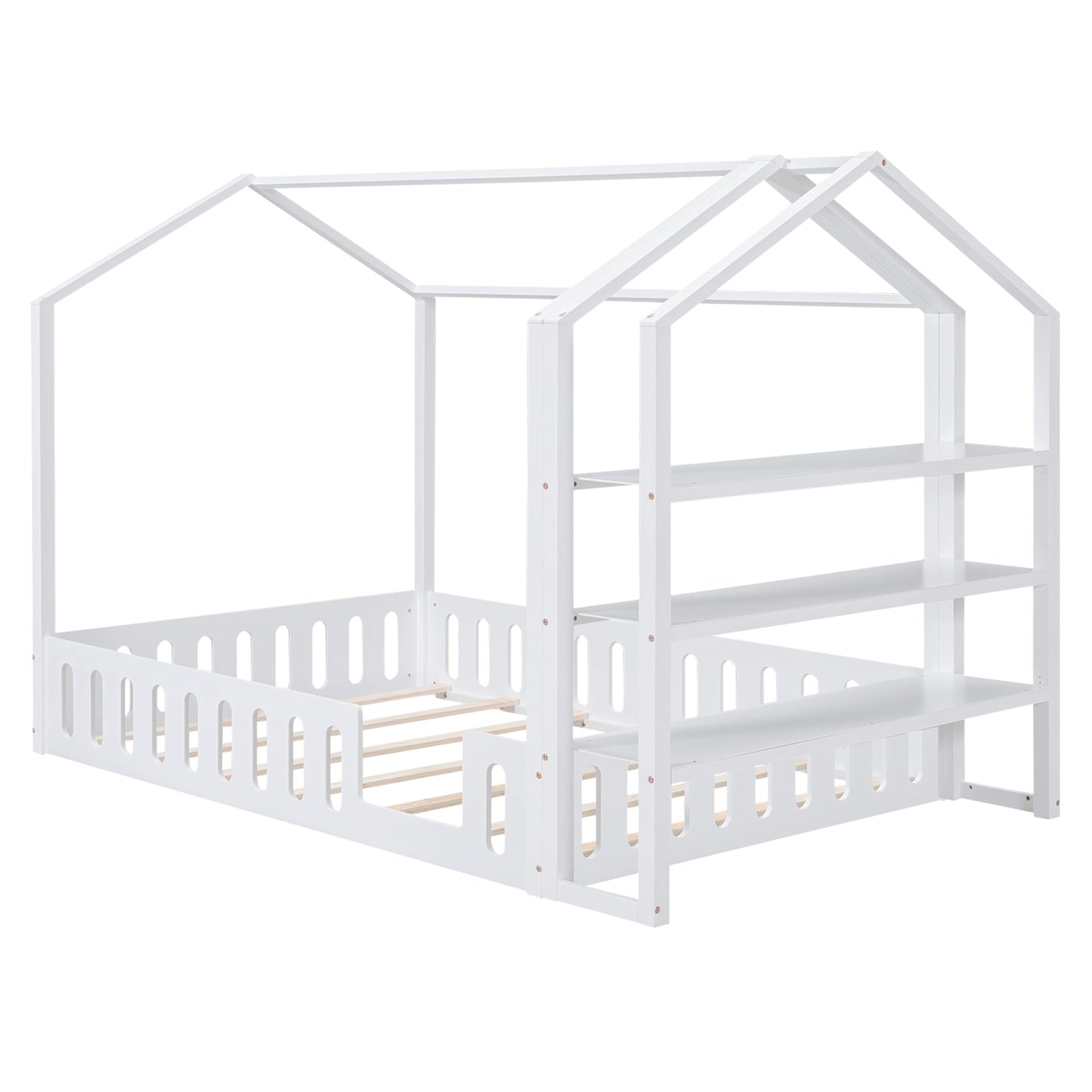Full Size Wood House Bed with Fence and Detachable Storage Shelves, White - Korvel