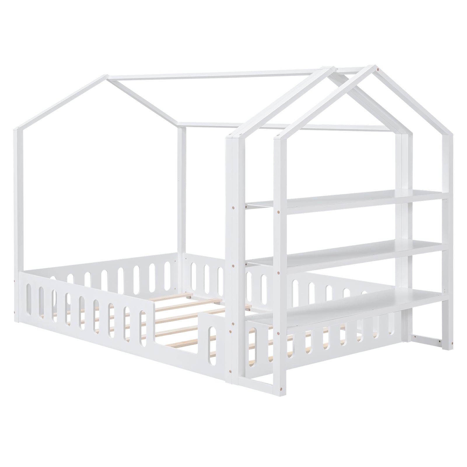 Full Size Wood House Bed with Fence and Detachable Storage Shelves, White - Korvel