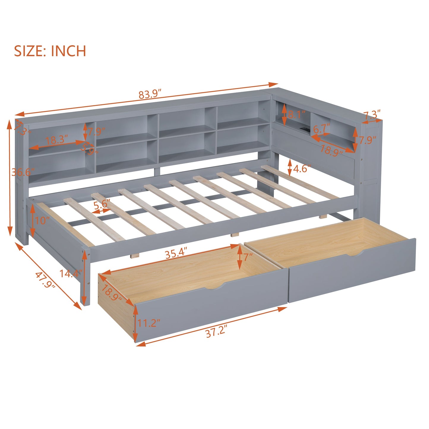 Wooden Twin Size Daybed with Storage and USB Ports - Grey