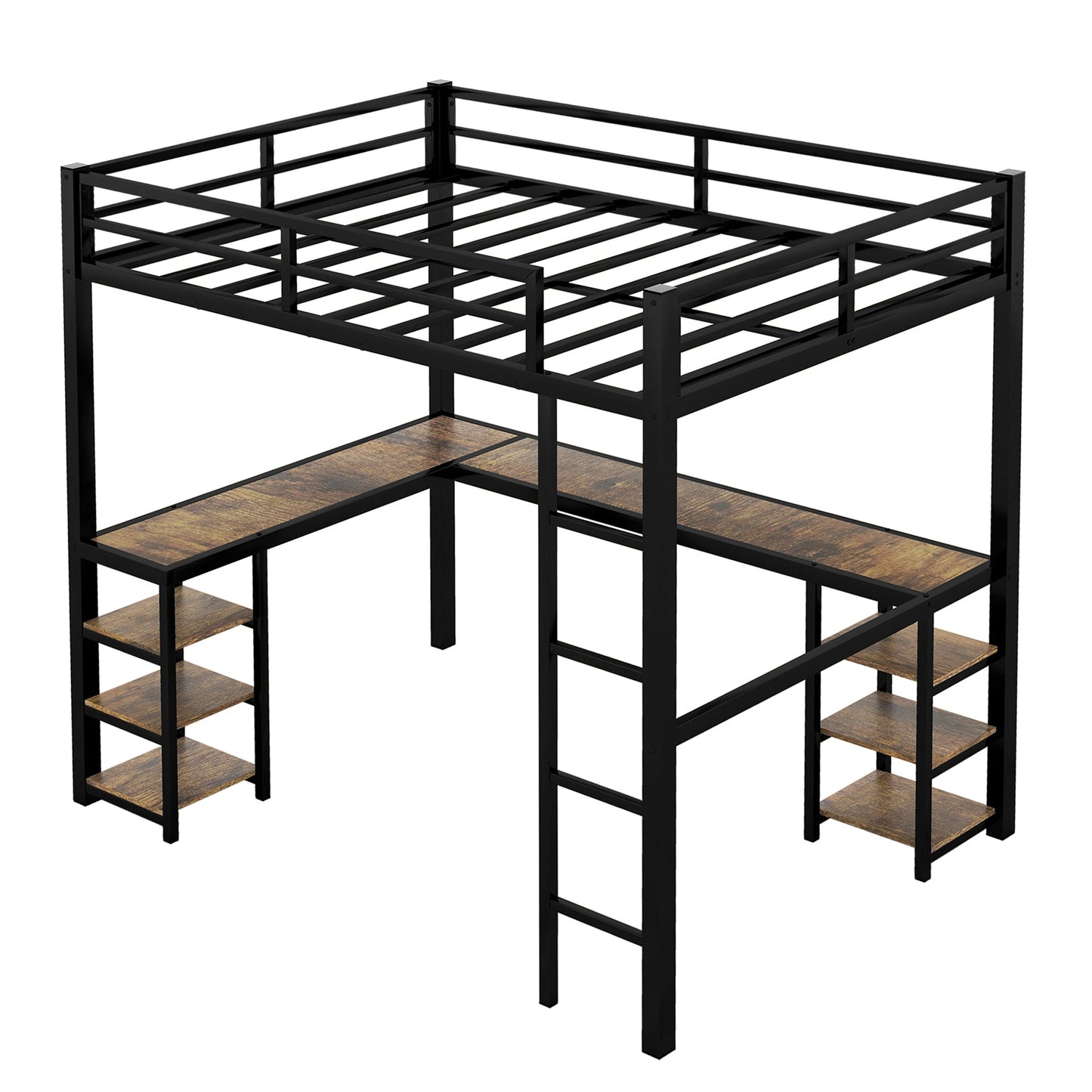 Full metal loft bed with desk and shelf, loft bed with ladder and guardrail, black with retro wood desk - Korvel
