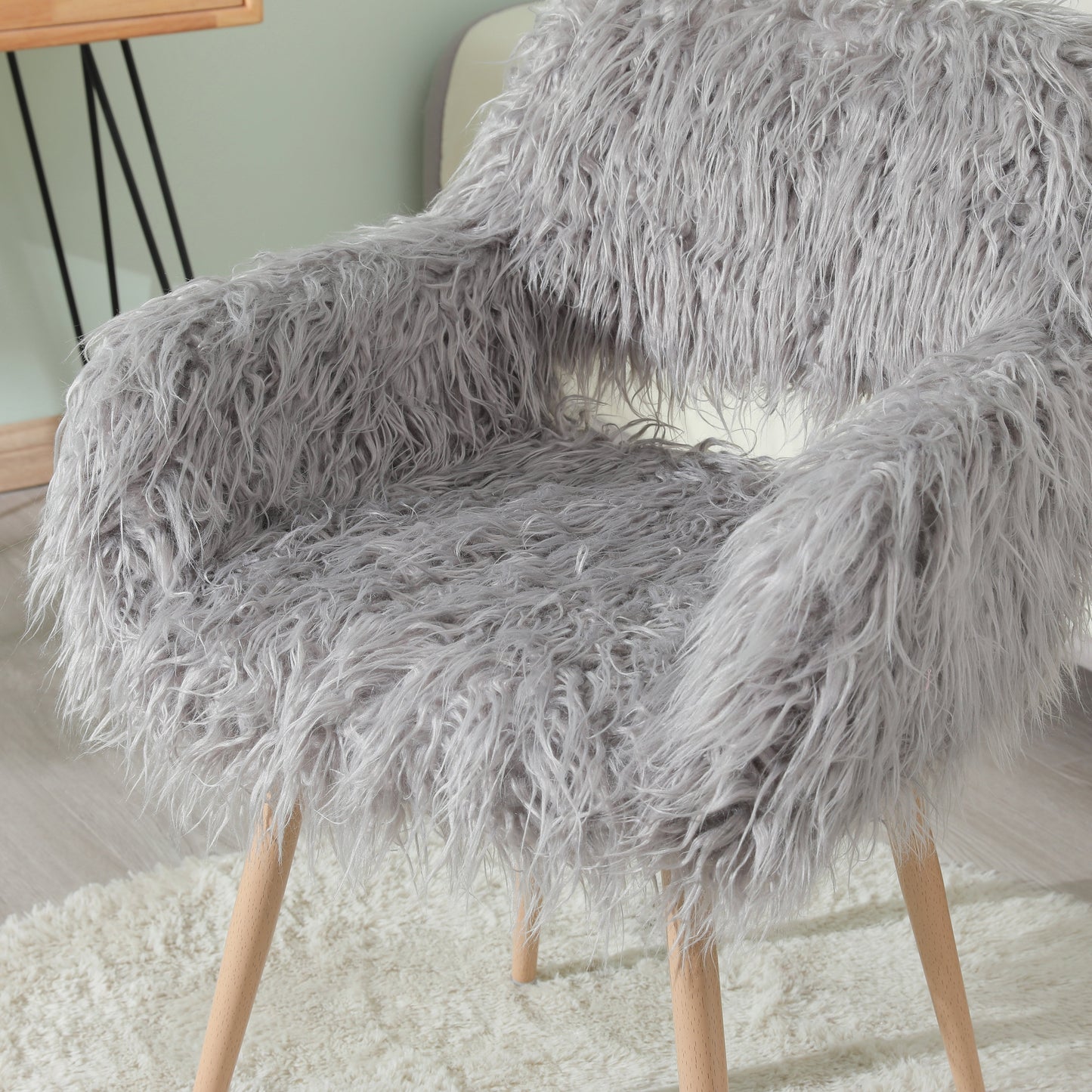 GREY Faux Fur Upholstered Make up chair Side Dining Chair with Metal Leg(GREY+Beech Metal Leg) - Korvel