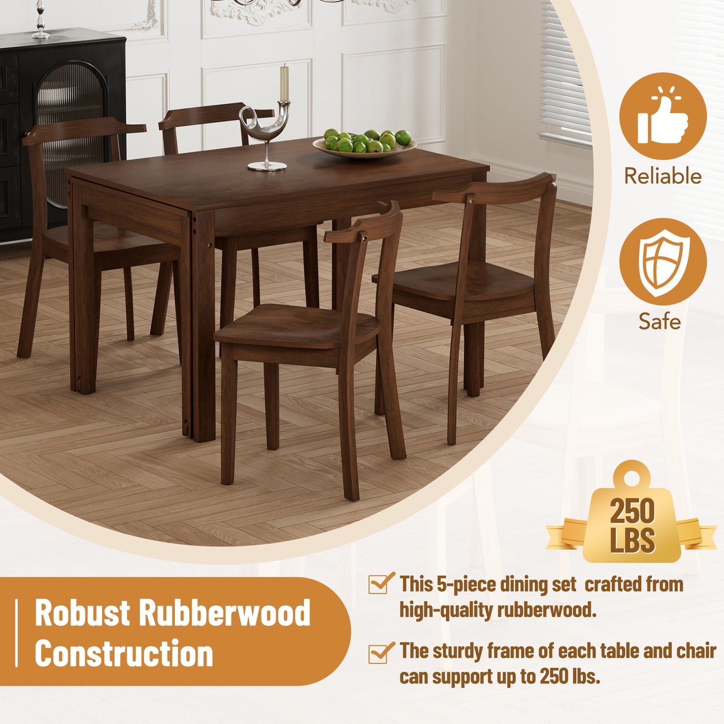 TOPMAX 65 "5-piece set with wheels and expandable dining table set 17.7" pull-out side table and small dining chair Brown - Korvel