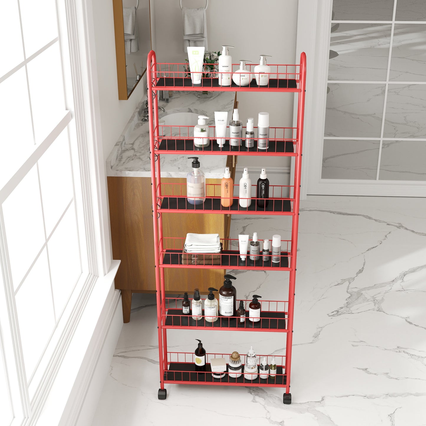 Red 6-story rolling cart gap kitchen ultra-thin sliding out storage tower shelf with wheels, 6 baskets - Korvel