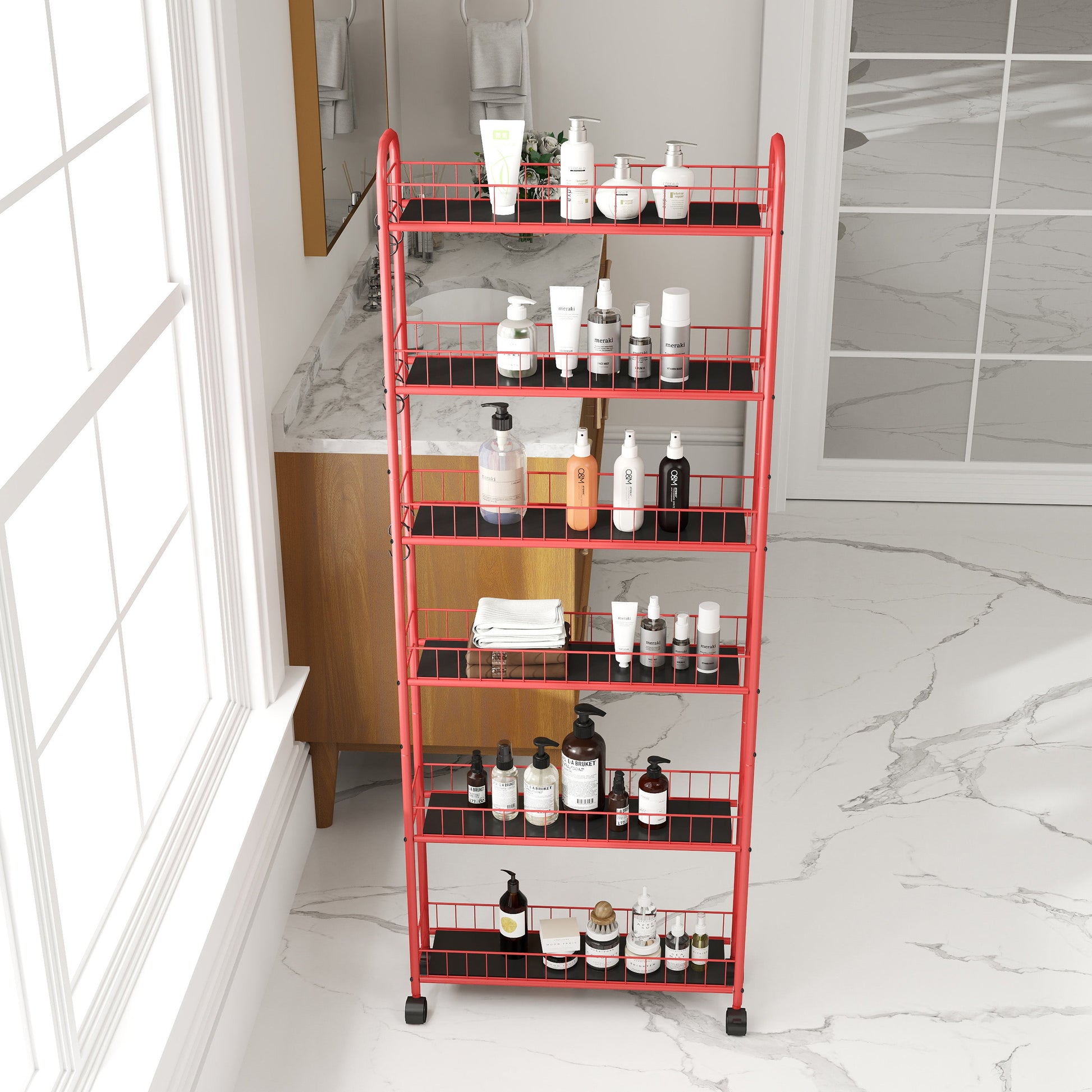 Red 6-story rolling cart gap kitchen ultra-thin sliding out storage tower shelf with wheels, 6 baskets - Korvel