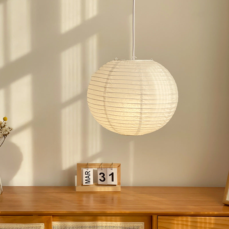 White Japanese style pendant light simple living room round rice paper round LED pendant light - Korvel